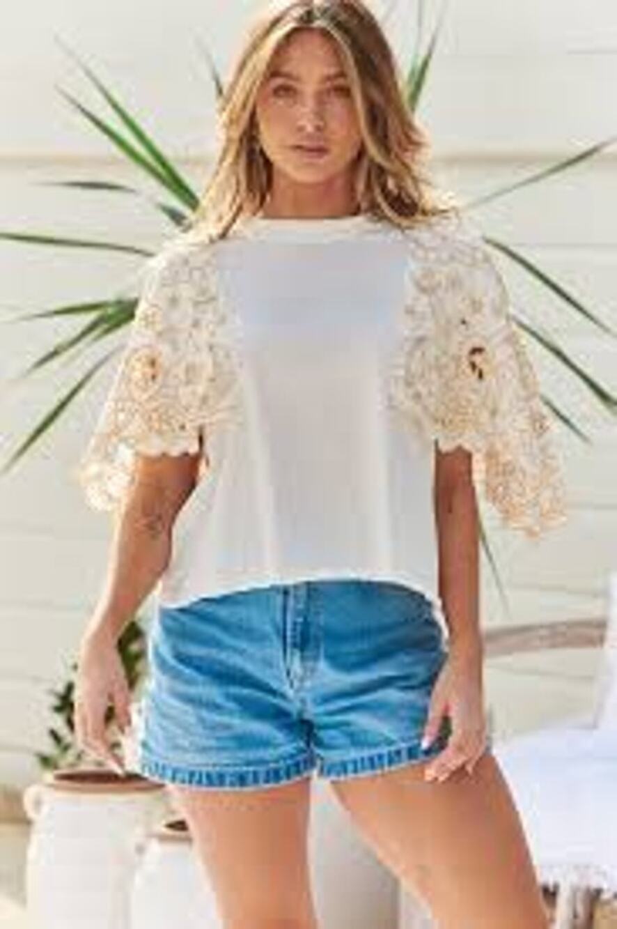 Free People Angel Tee in Ivory, Embroidered Flutter Angelic Sleeves, Sz S, NEW